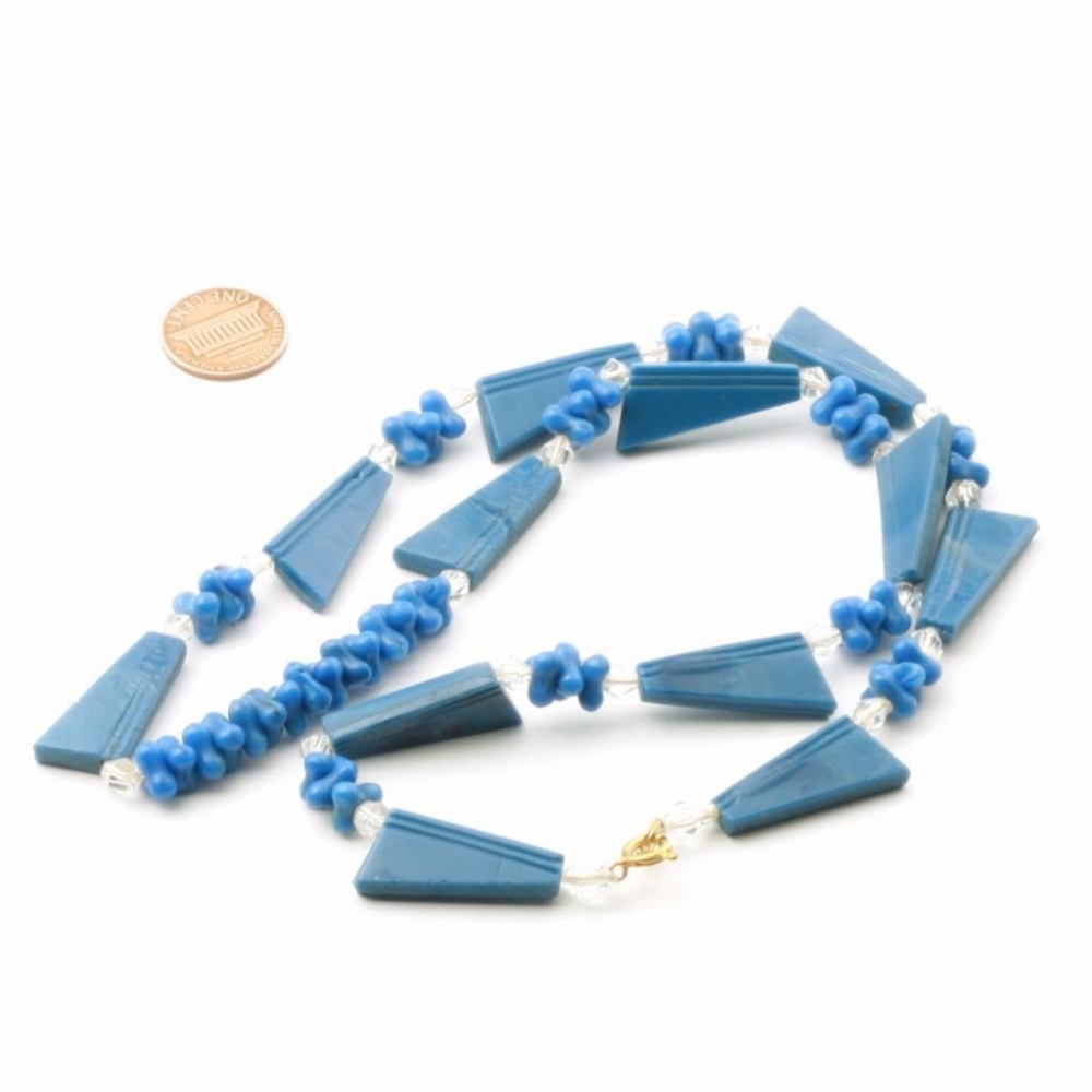 Czech beaded necklace blue interlocking rondelle Art Deco triangle glass beads