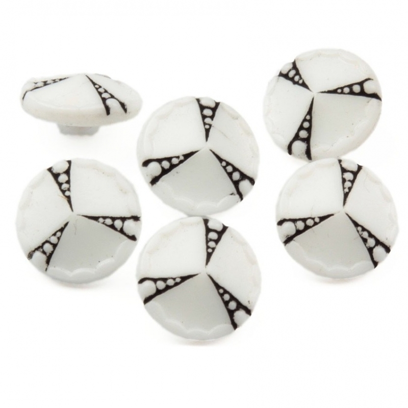 Czech vintage glass buttons Lot (6) 13mm hand painted geometric white glass buttons