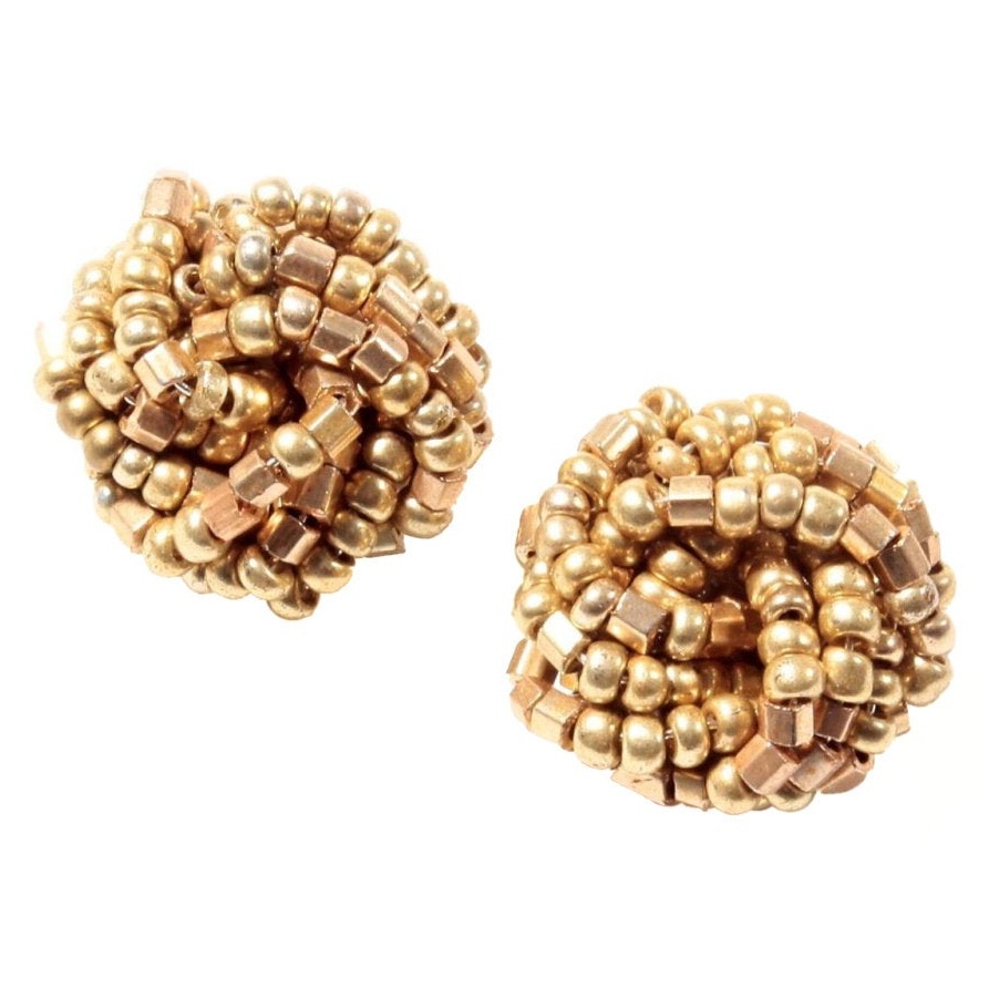 Pair Czech vintage beadwork cluster clip earrings gold metallic seed glass beads