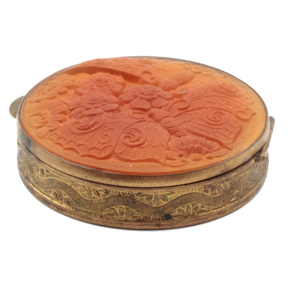 Vintage Art Nouveau amber citrine glass butterfly powder compact or powder box by Rene Robert for Lalique