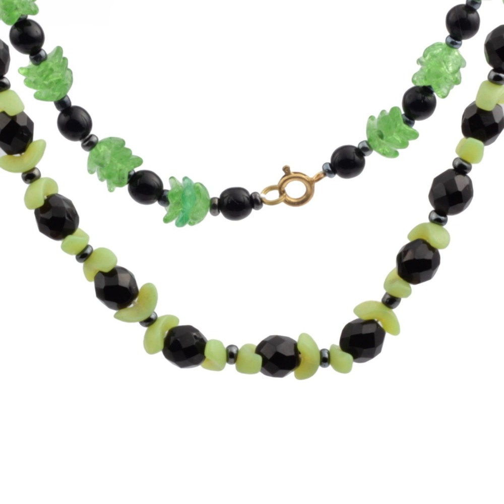Vintage Czech necklace black frost green arc green flower glass beads