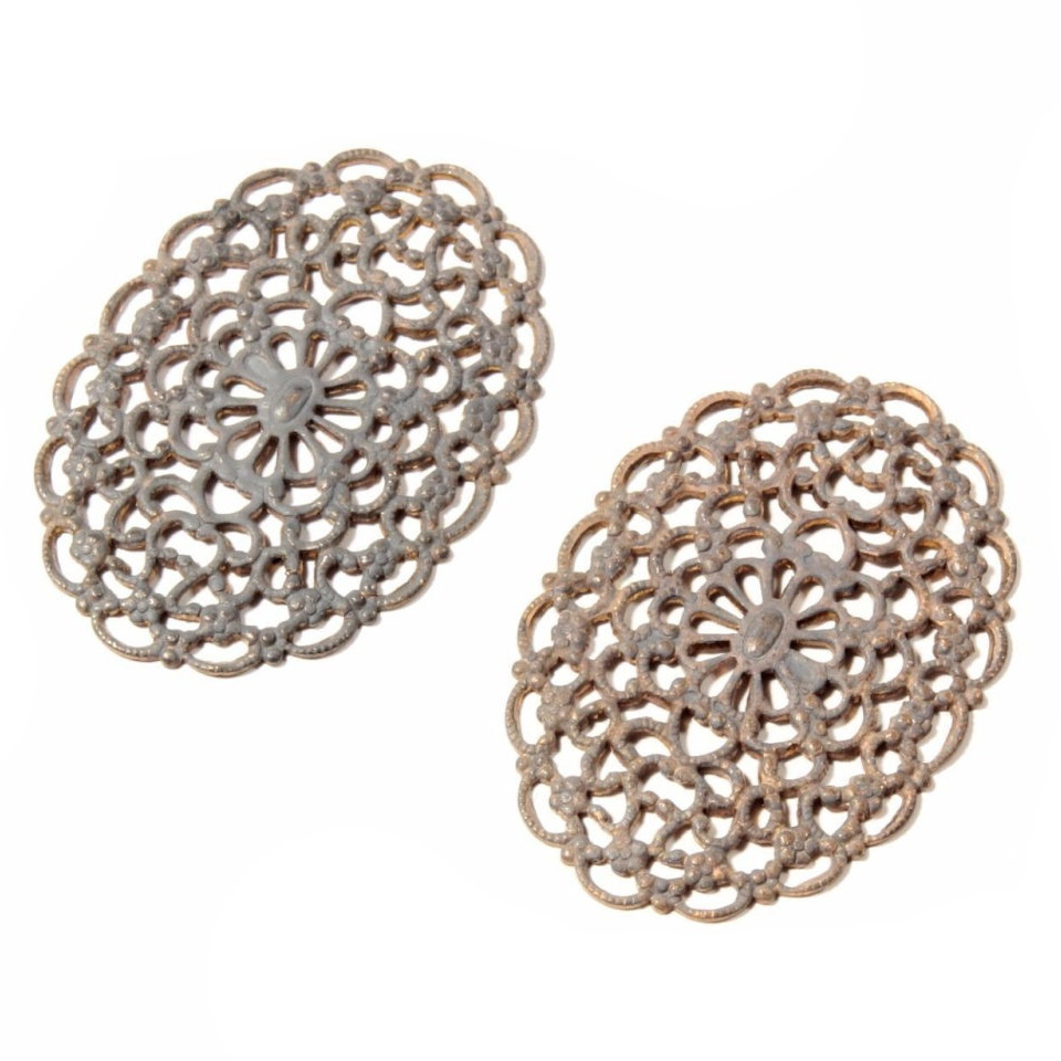 Lot (2) Vintage Czech metal filigree floral oval pin brooch stampings