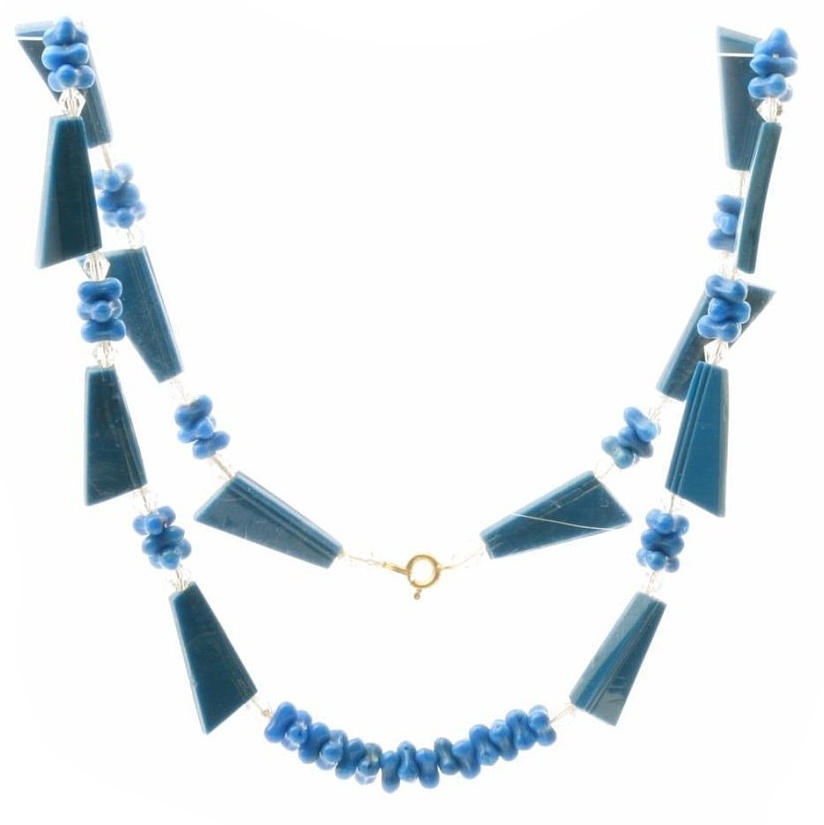 Czech beaded necklace blue interlocking rondelle Art Deco triangle glass beads
