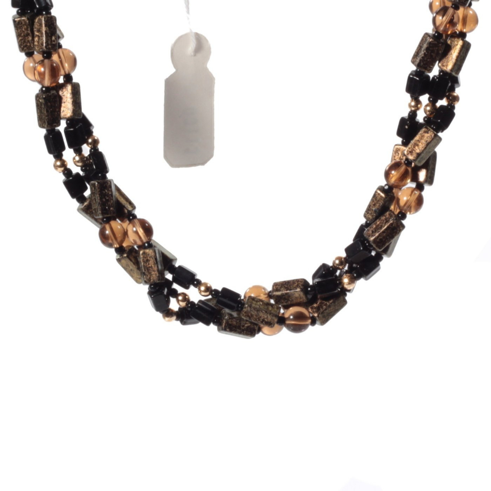 Vintage 18" glass bead 3 strand necklace Czech black bronze marble pentagon topaz beads