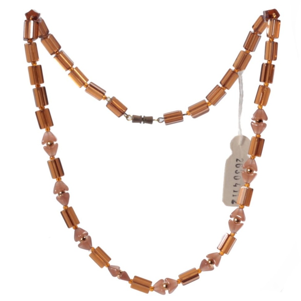 Vintage 19" glass bead necklace Czech topaz pentagon opaline triangle interlocking beads