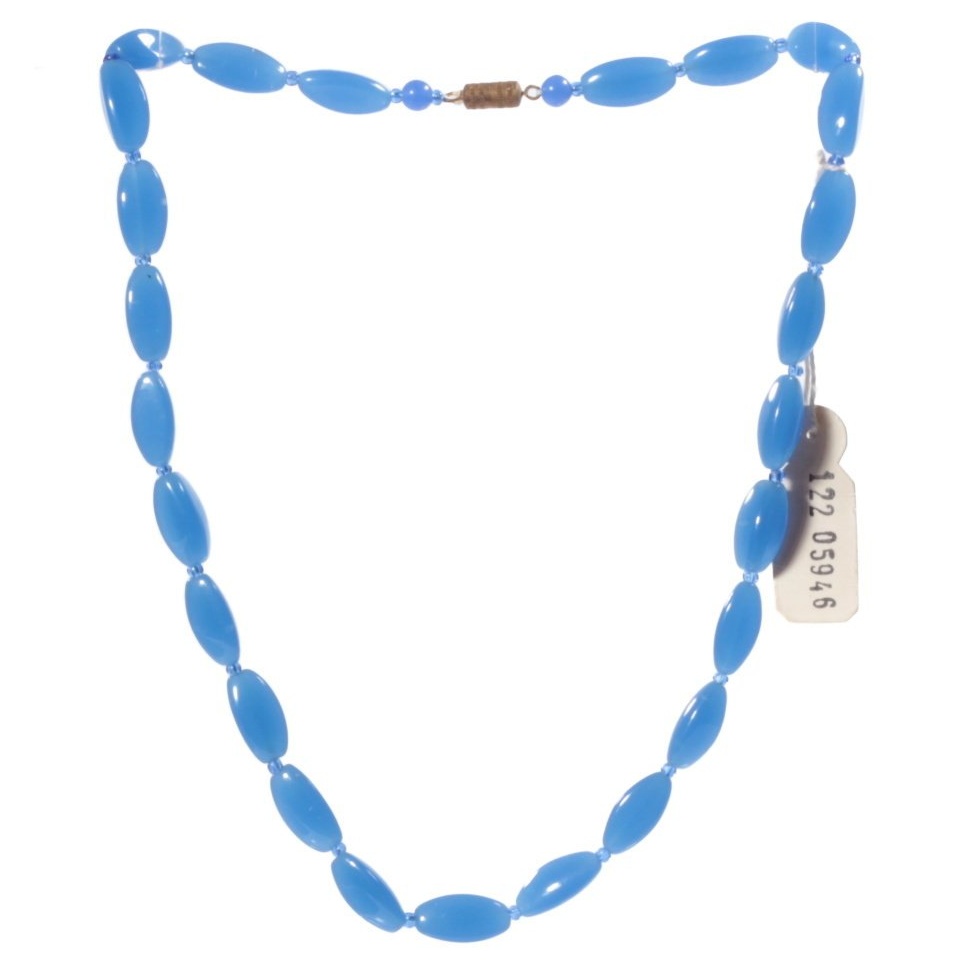 Vintage 18" glass bead necklace Czech rare blue opaline chalcedony triangle beads