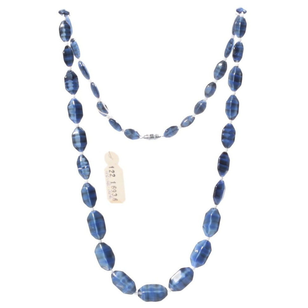 Vintage 26" glass bead necklace Czech blue satin stripe marbled hexagon beads