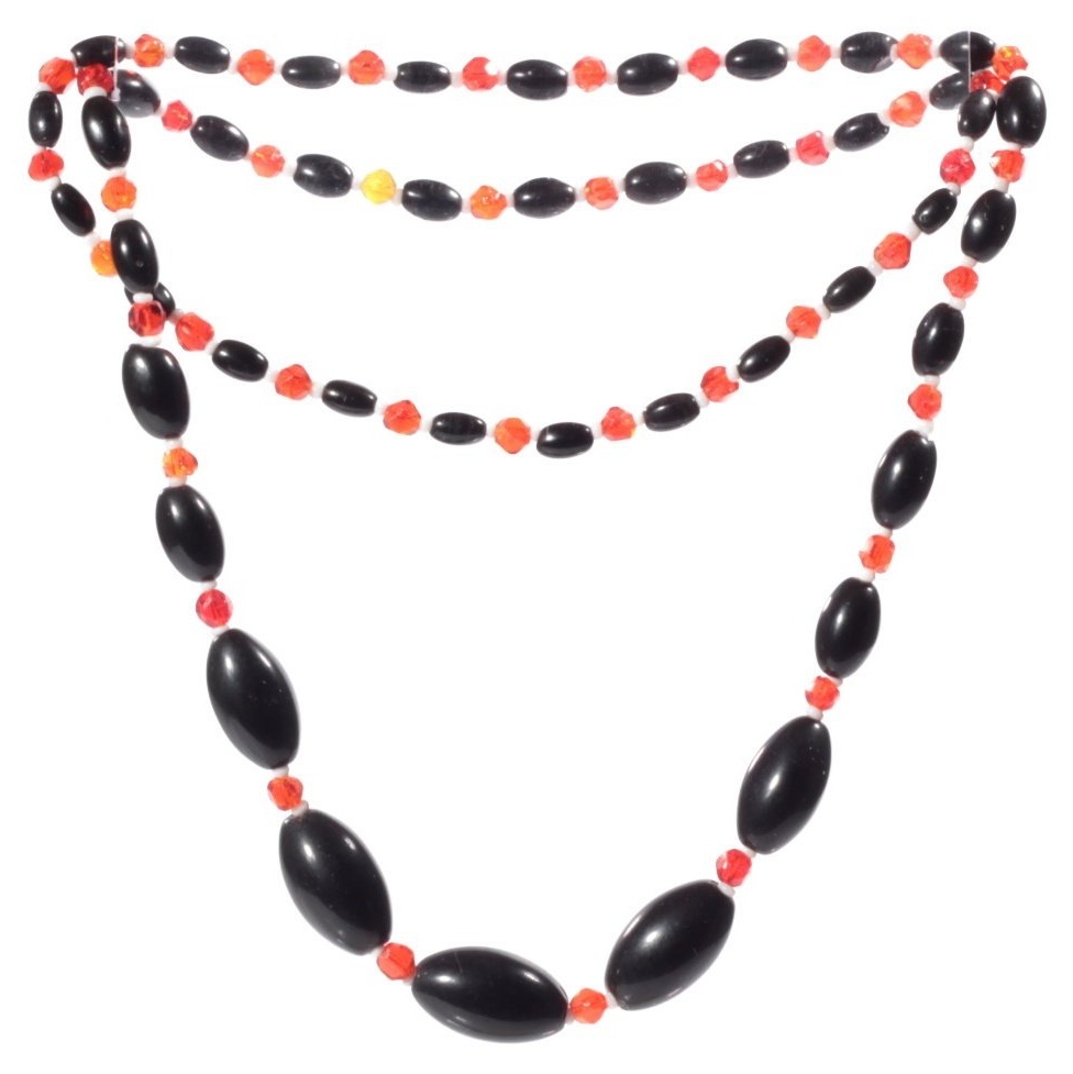 Vintage 29" beaded necklace Czech gradual black oval orange English cut glass beads