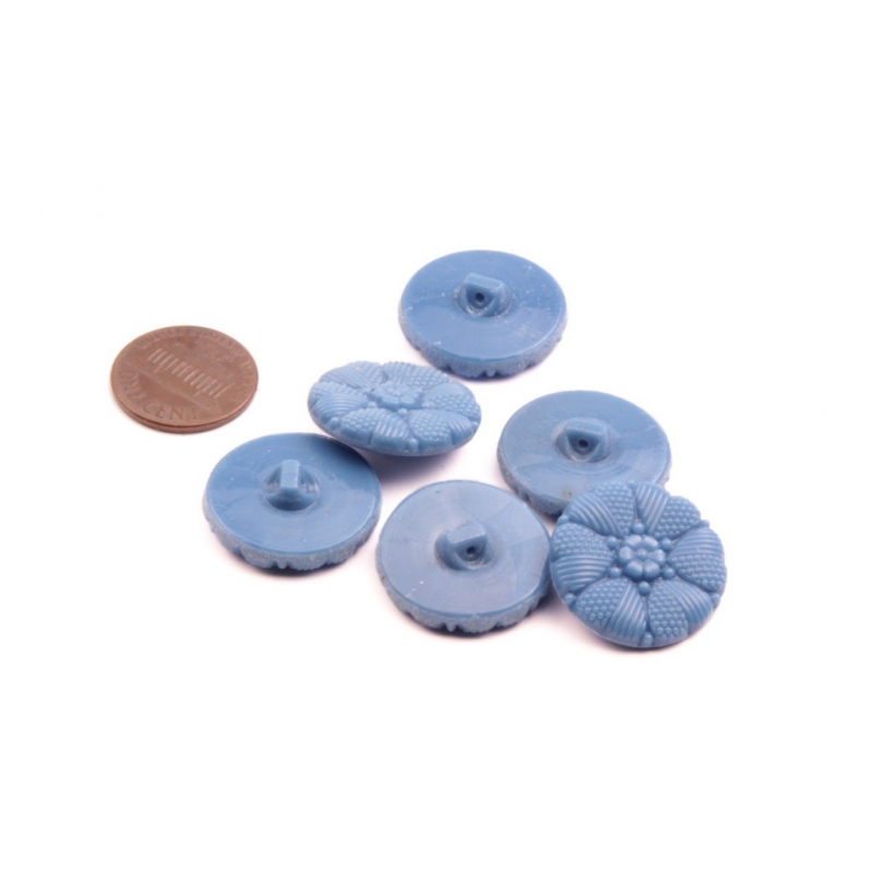 Lot (6) 22mm Czech Art Deco vintage blue flower glass buttons