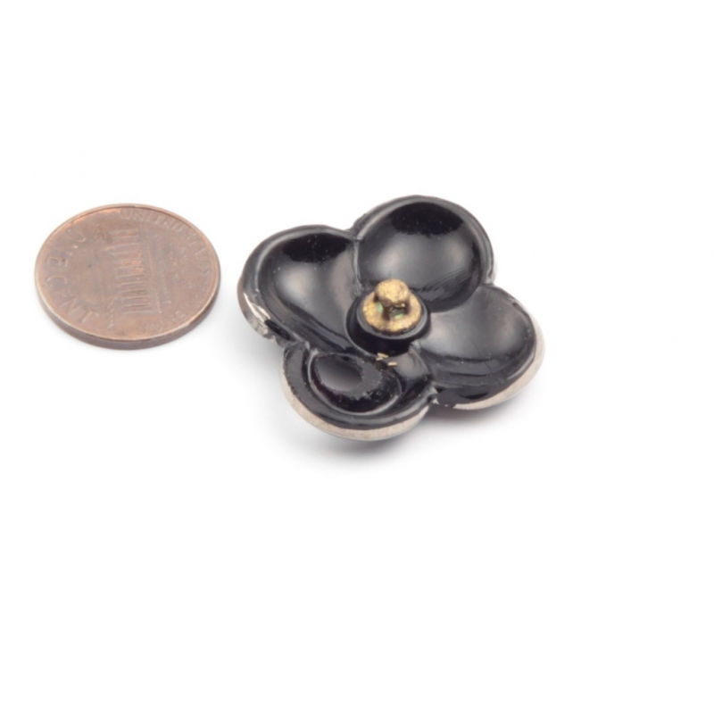 27mm Art Deco vintage black glass button hand silver lustre abstract lucky 4 leaf clover flower 