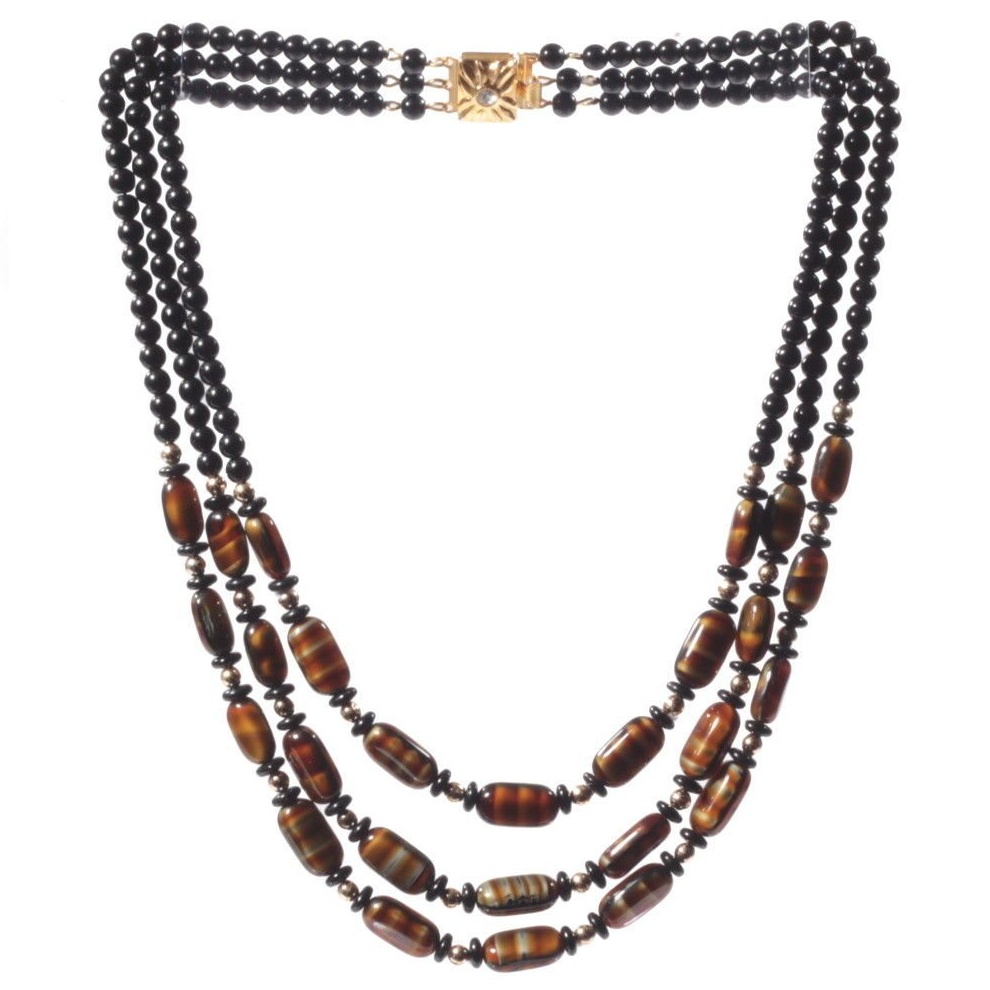 Vintage 3 strand necklace Czech black caramel satin marble rectangle glass beads