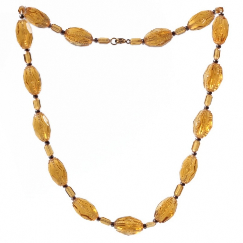 Vintage Art Deco necklace Czech rare amber topaz geometric hand faceted glass beads