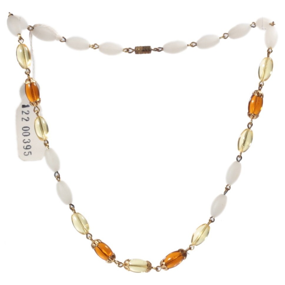 Vintage beaded link necklace Czech jonquil topaz frost oval glass beads