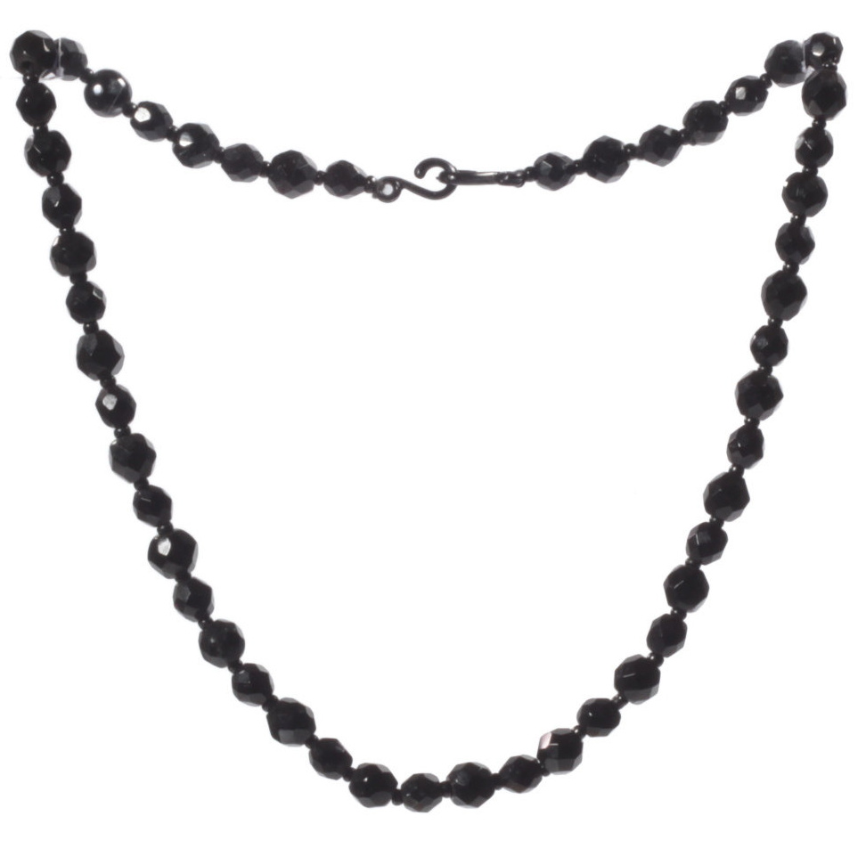 Vintage beaded necklace Czech jet black faceted Art Deco glass beads
