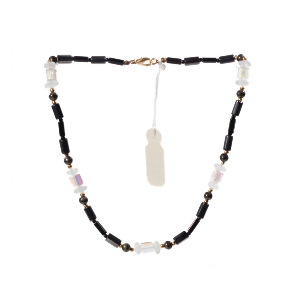 Vintage 16" necklace Czech hematite black AB clear pentagon marble glass beads