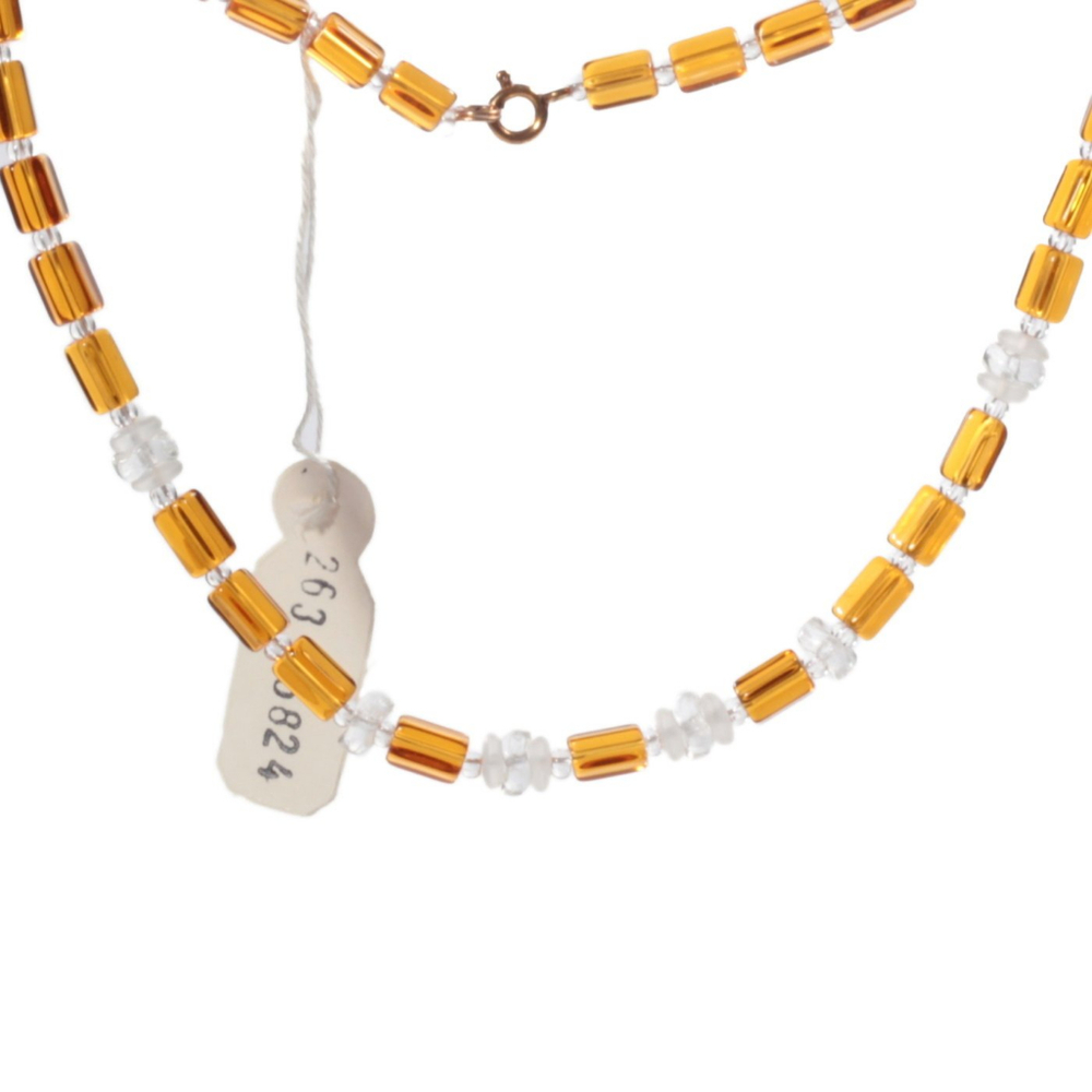 Vintage 15" glass bead necklace Czech topaz pentagon clear frost rondelle beads