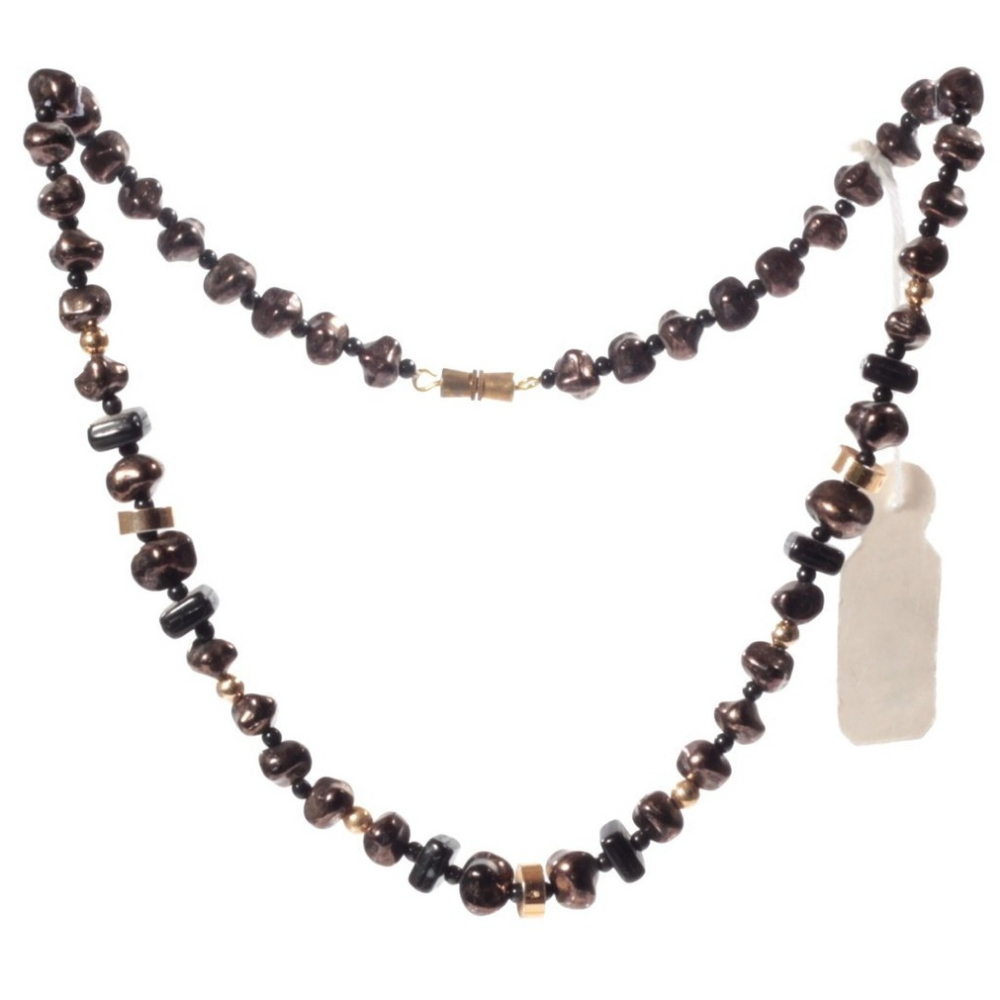 Vintage 16" glass bead necklace Czech brown lustre marble nugget black square rondelle beads