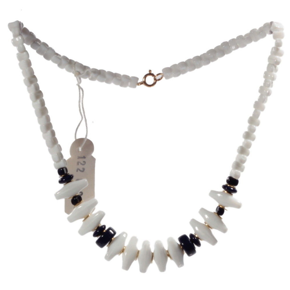 Vintage beaded necklace Czech white interlocking hammer head blue glass beads