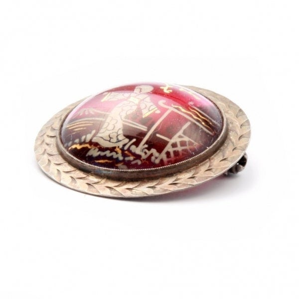 Victorian gold gilt Japanese cameo Dragons breath paperweight Czech glass pin brooch