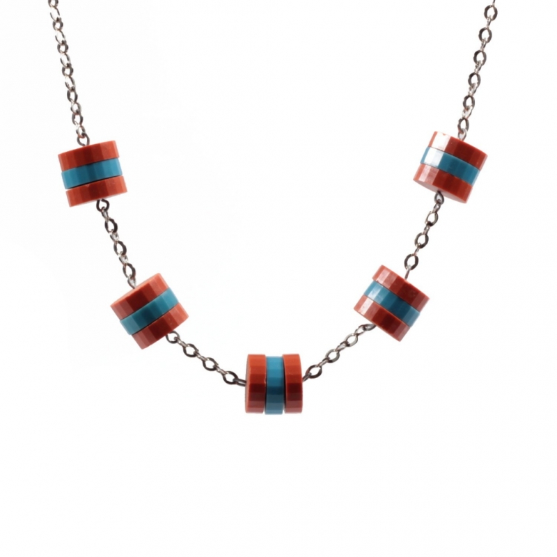 Vintage Art Deco Bauhaus chrome chain necklace galalith plastic blue brown rondelle faceted beads Jakob Bengel