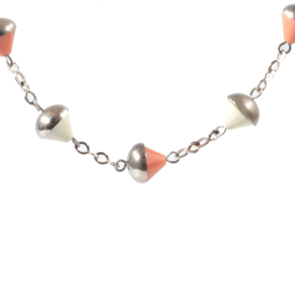Vintage Art Deco Bauhaus chrome chain necklace cream coral cone galalith beads