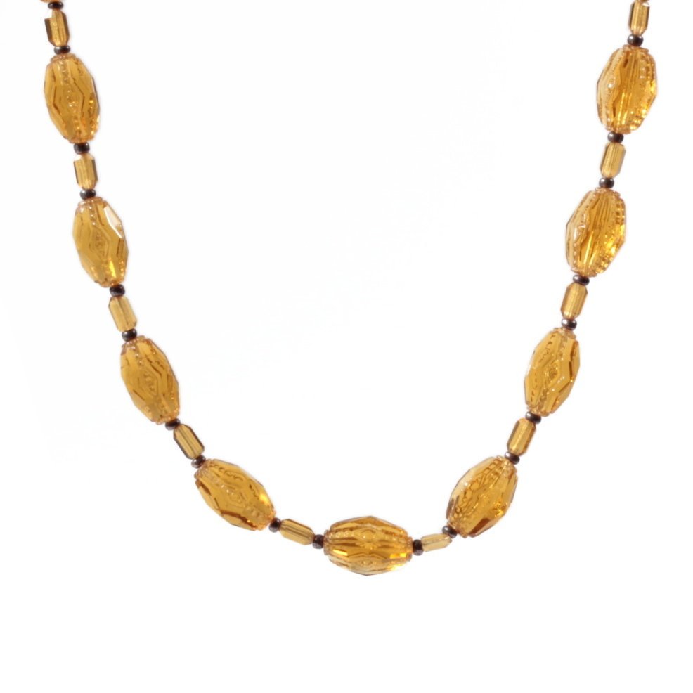 Vintage Art Deco necklace Czech rare amber topaz geometric hand faceted glass beads