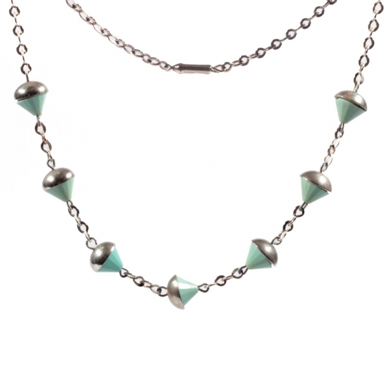Vintage Bauhaus Art Deco chrome chain necklace galalith pale green cone faceted beads Jakob Bengel