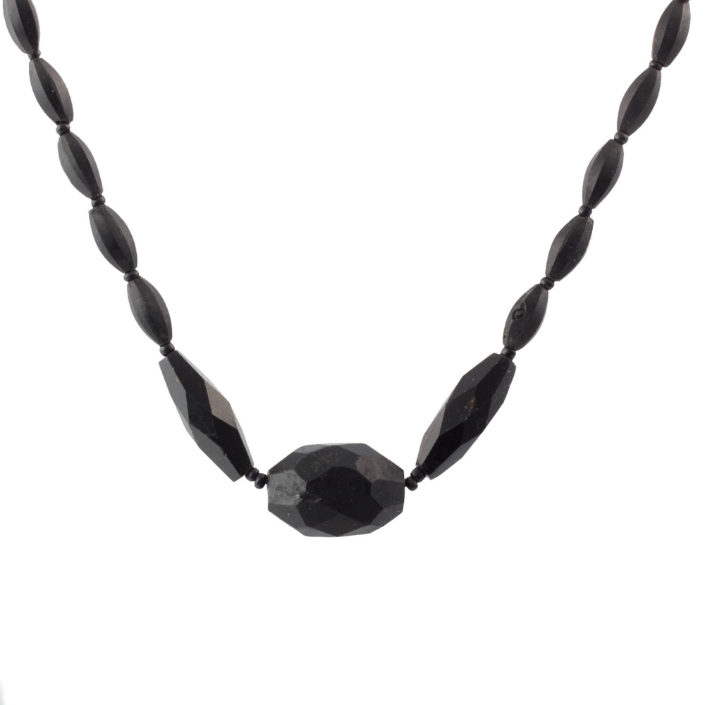 Antique Victorian mourning necklace Czech matte black oval faceted glass beads