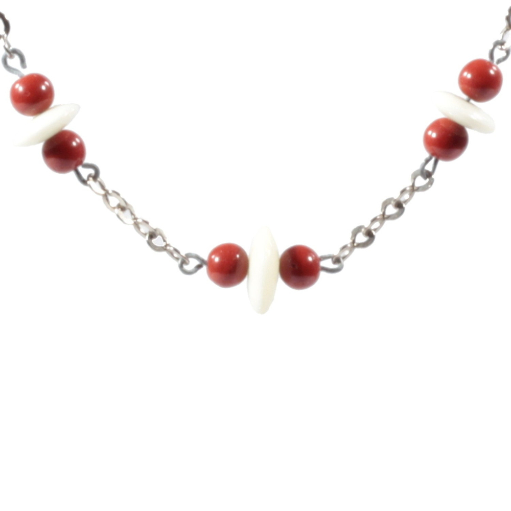 Vintage Art Deco chrome chain necklace Czech Uranium rondelle brown round glass beads