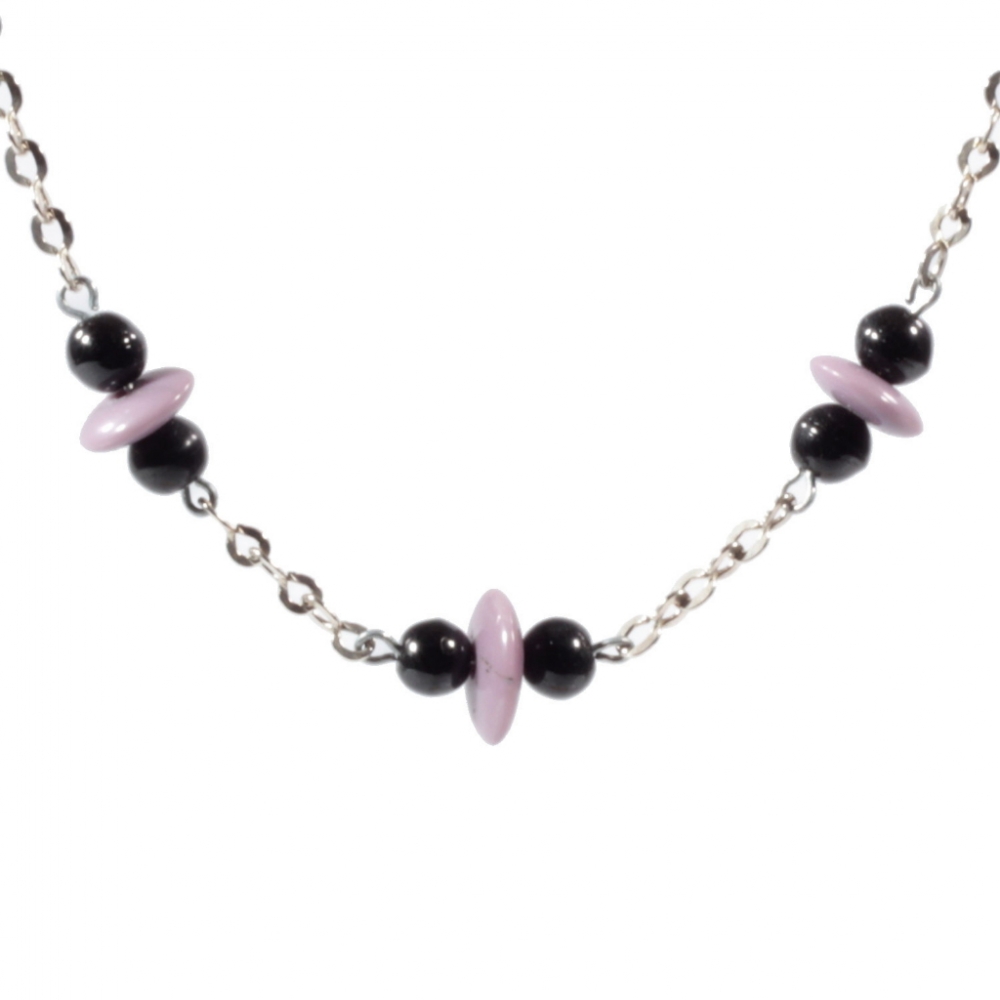 Vintage Art Deco chrome chain necklace Czech lilac rondelle black round glass beads