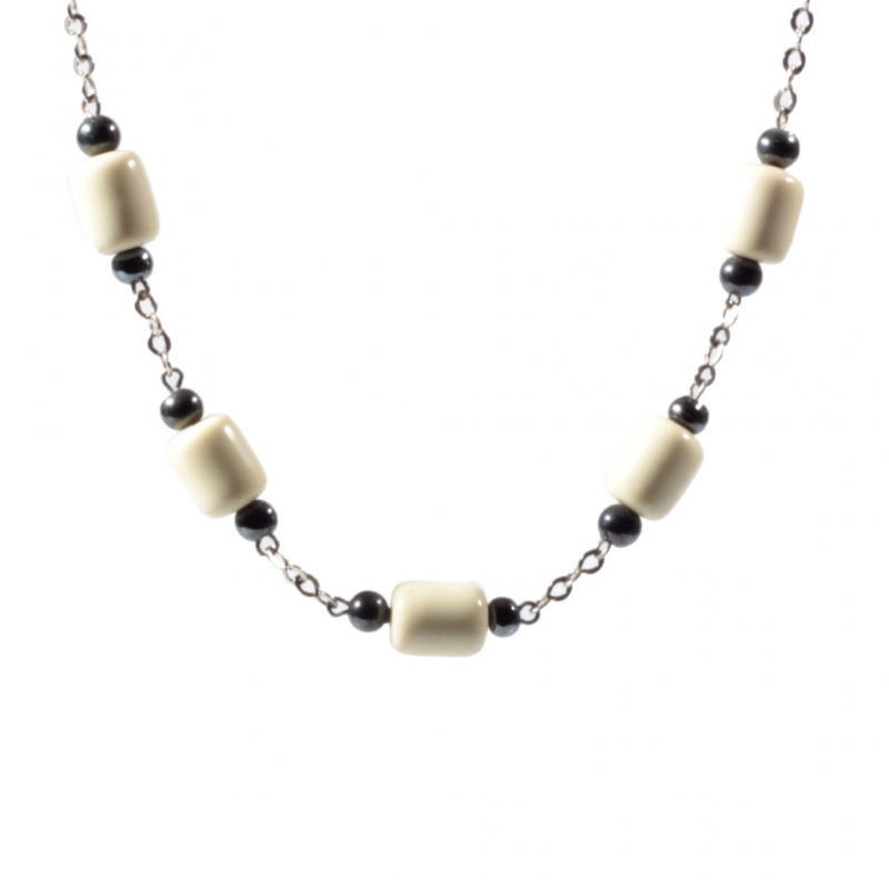 Vintage Art Deco Bauhaus chrome necklace galalith black beads style Bengel 
