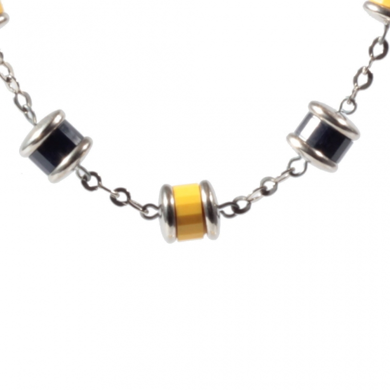 Vintage Art Deco German Bauhaus chrome chain necklace galalith yellow cobalt blue rondelle beads chrome caps Jakob Bengel