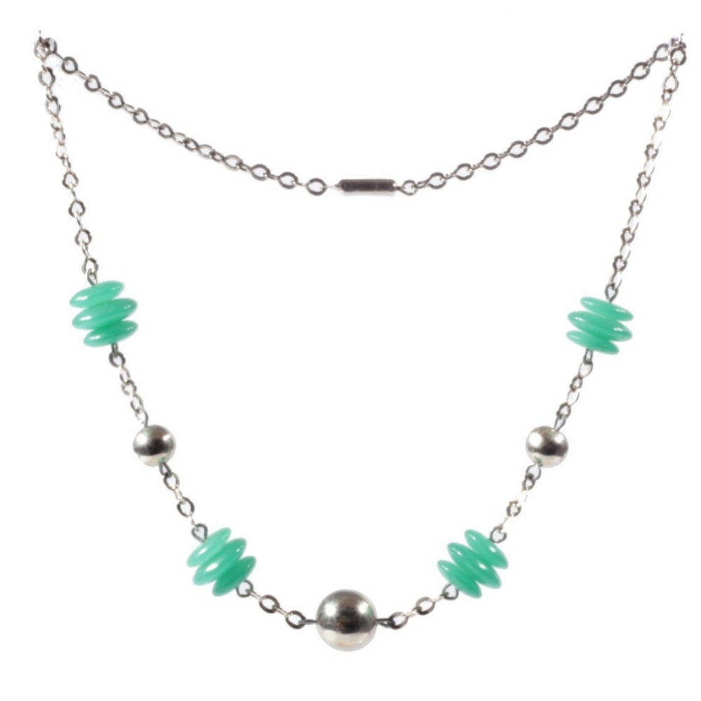 Vintage Art Deco necklace Czech chrysoprase opaline green Uranium rondelle glass beads chrome ball beads