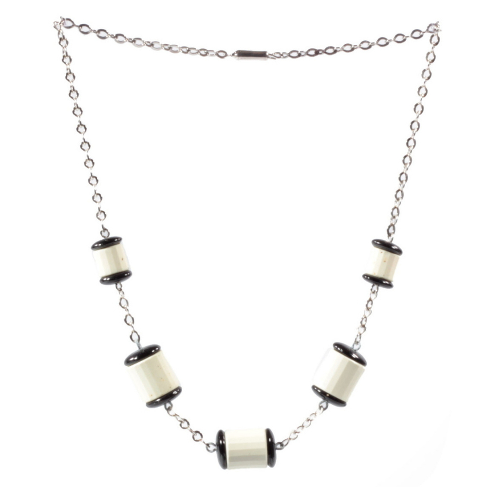 Vintage Art Deco Bauhaus chrome chain necklace cream black galalith beads