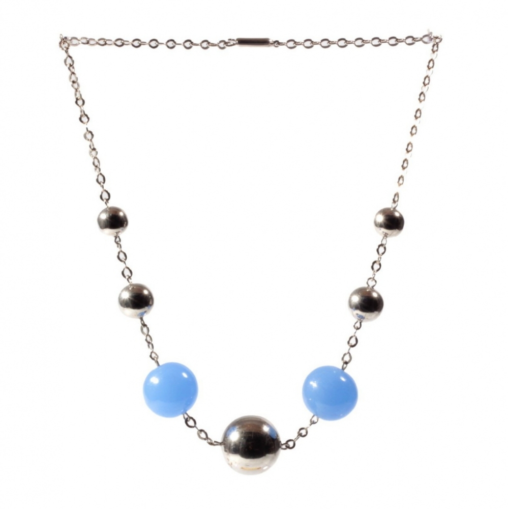 Vintage Bauhaus Art Deco chain necklace chrome ball beads chalcedony blue opaline glass beads