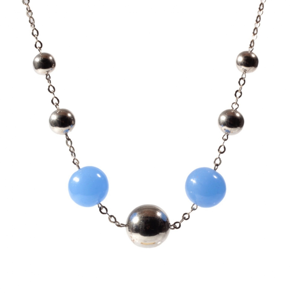 Vintage Bauhaus Art Deco chain necklace chrome ball beads chalcedony blue opaline glass beads
