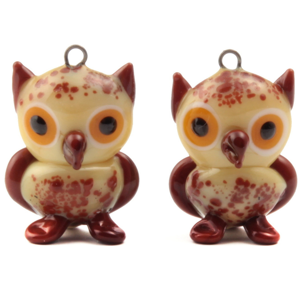Pair of Czech brown owl lampwork glass pendant earring beads
