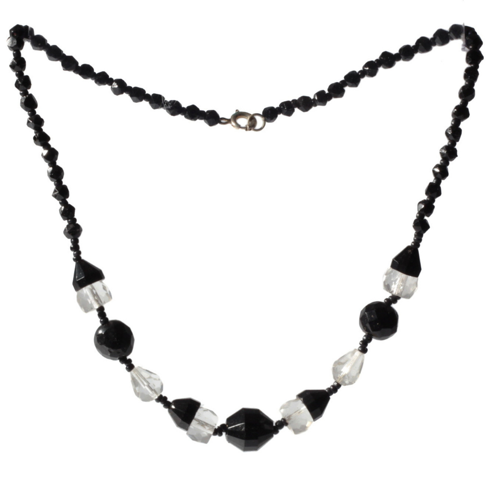 Vintage Art Deco necklace Czech black crystal clear hand faceted English cut micro seed glass beads