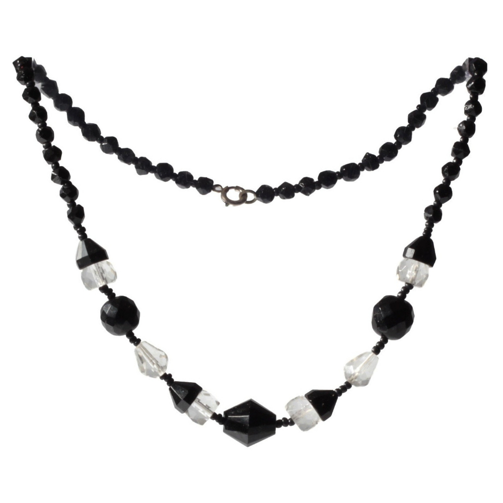 Vintage Art Deco necklace Czech black crystal cone rondelle teardrop hand faceted English cut glass beads