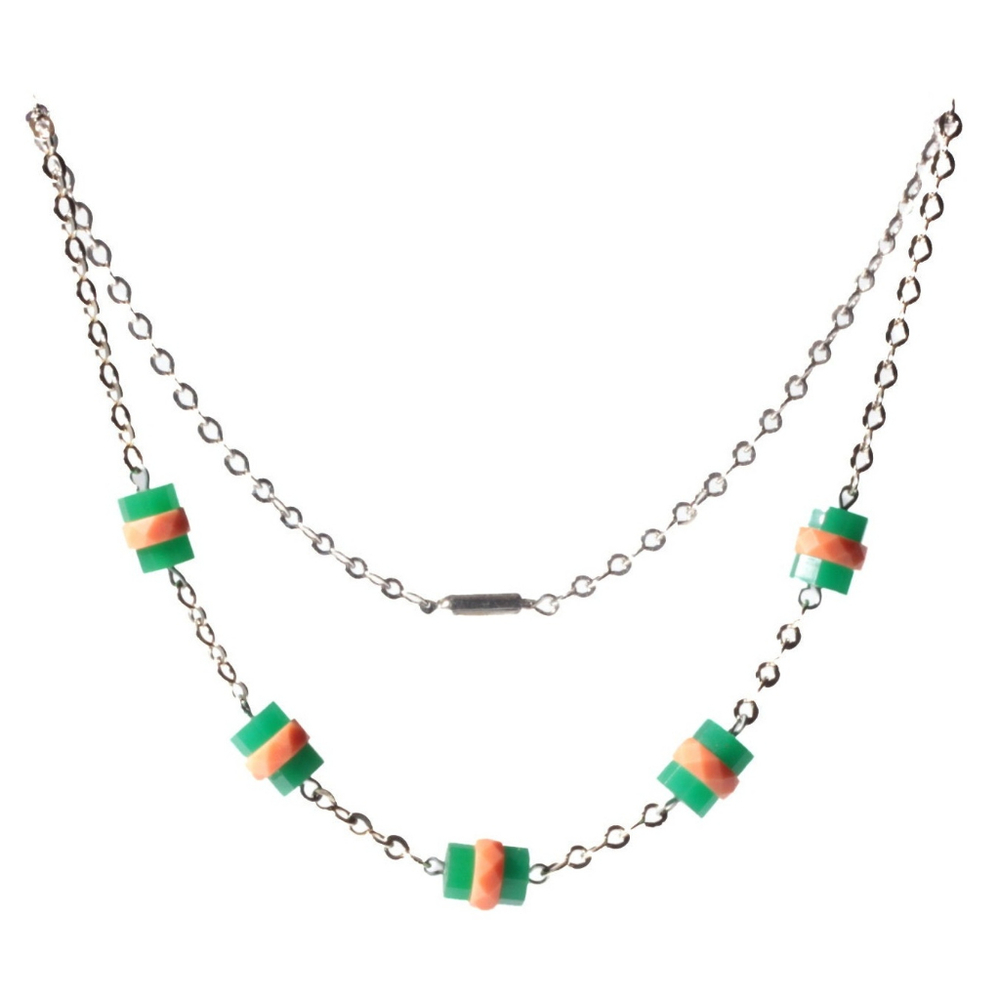 Vintage Art Deco Bauhaus chrome chain necklace galalith chrysoprase coral beads