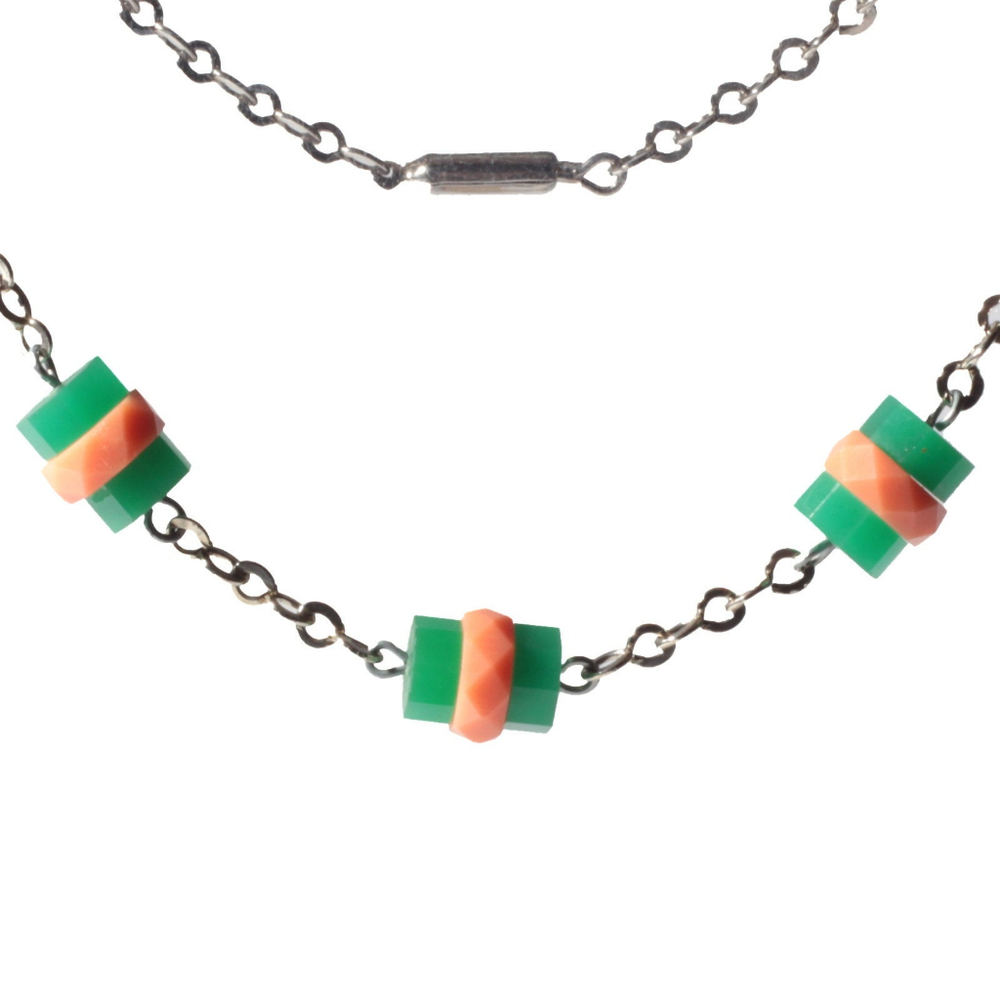 Vintage Art Deco Bauhaus chrome chain necklace galalith chrysoprase coral beads