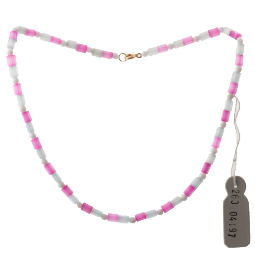Vintage Czech necklace pink crystal satin atlas pentagon bugle glass beads