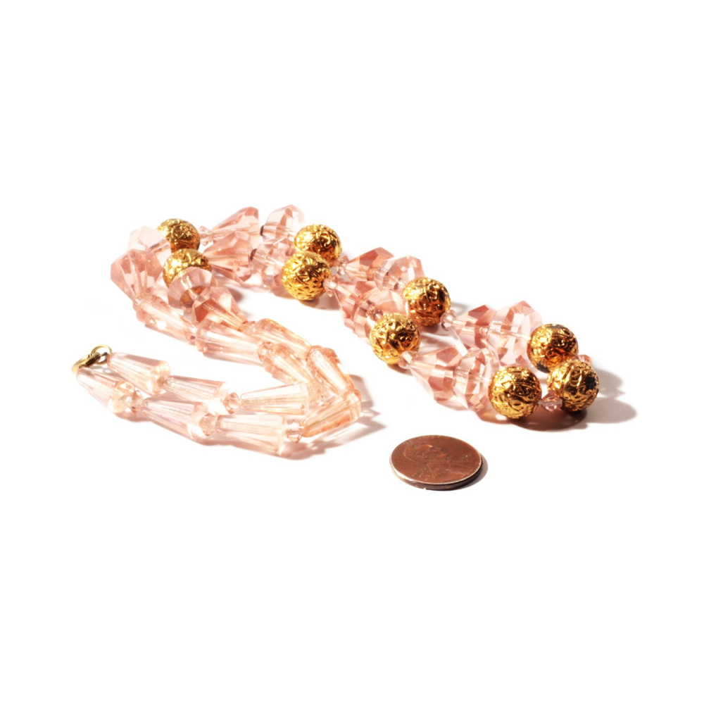 Vintage necklace Czech rosaline pink hand faceted geometric Art Deco glass beads gold metal ball beads