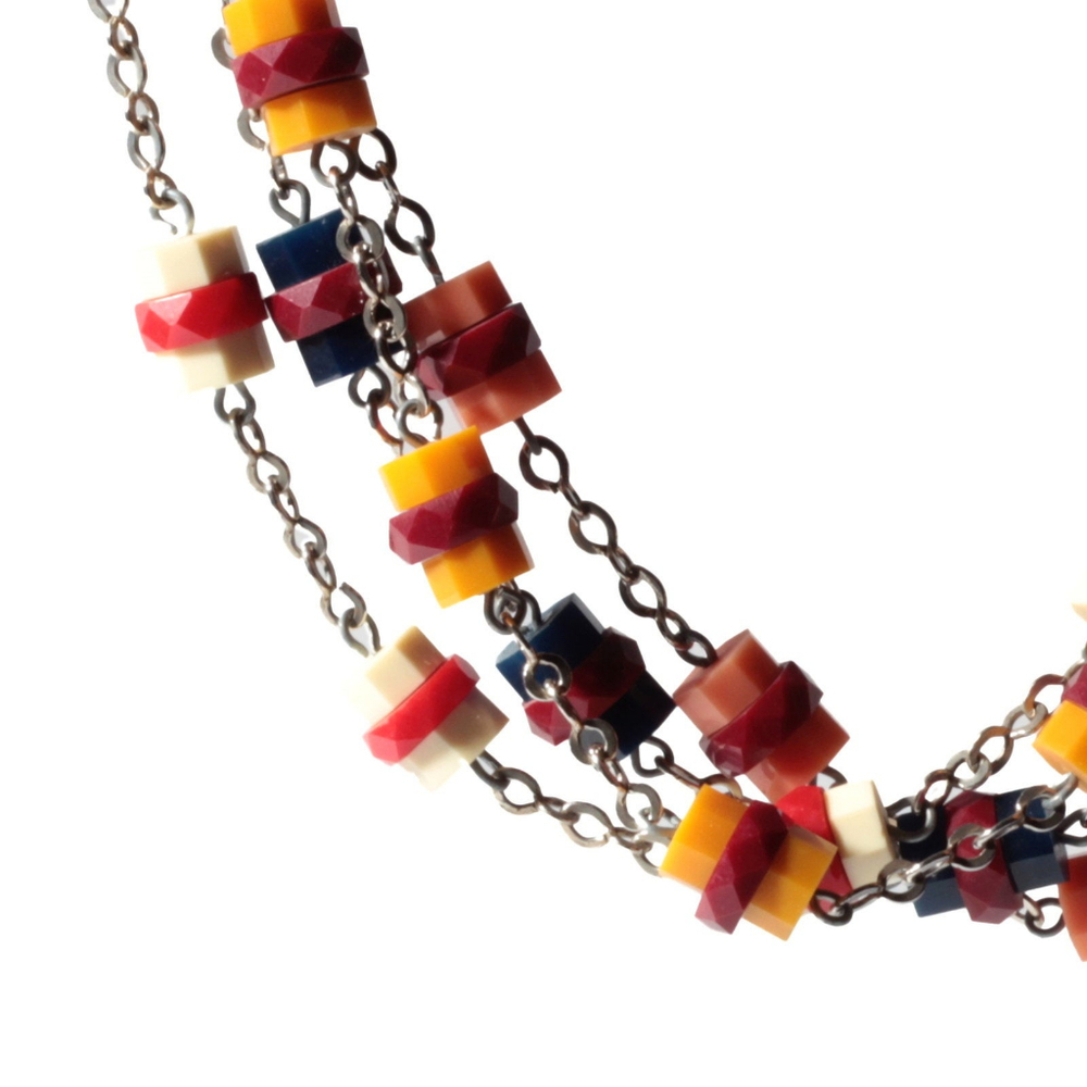 Lot (4) Vintage Art Deco Bauhaus chrome chain necklaces galalith beads