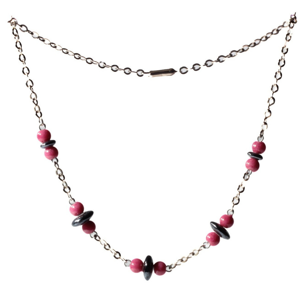 Vintage Art Deco chrome chain necklace Czech hematite rondelle pink marble round glass beads