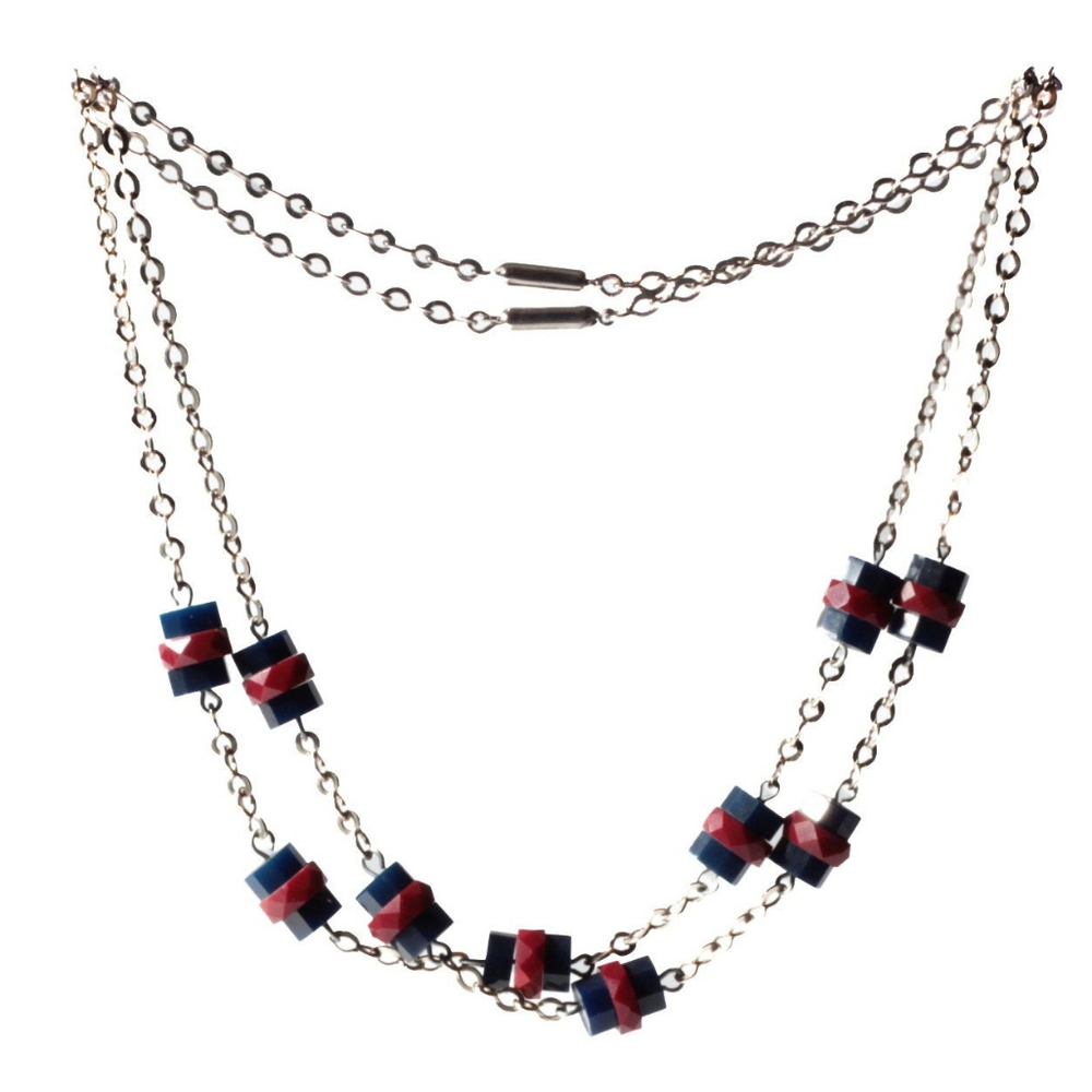 Lot (2) Vintage Art Deco Bauhaus chrome chain necklaces galalith beads