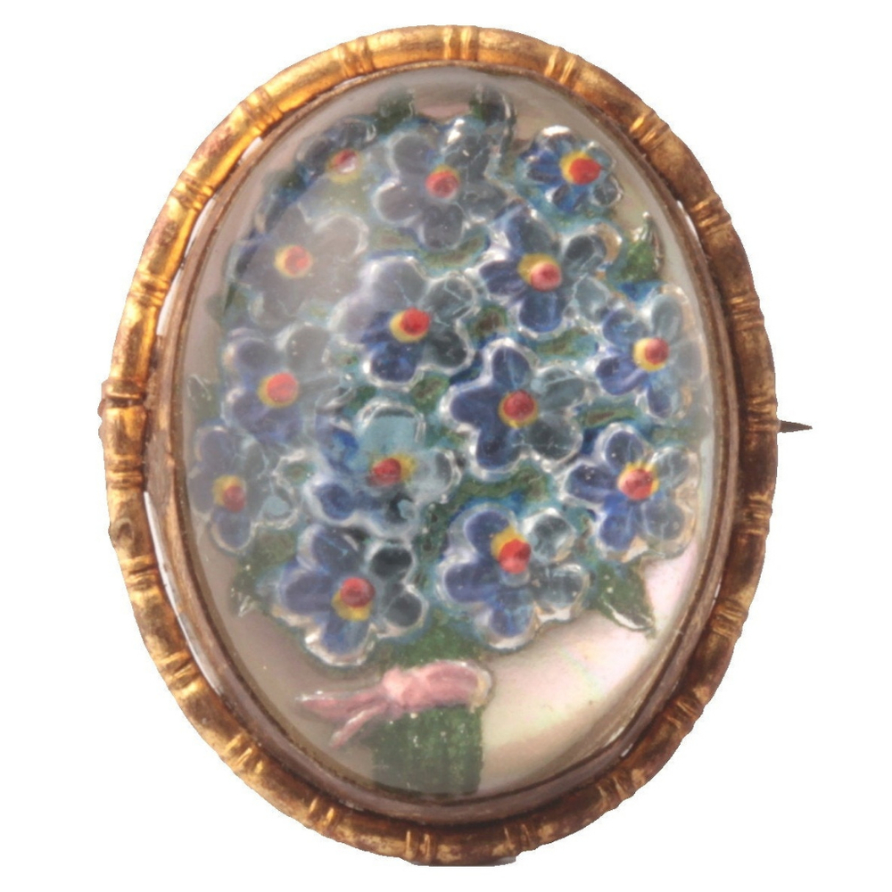 Antique Czech intaglio hand tinsel painted floral paperweight glass pin brooch