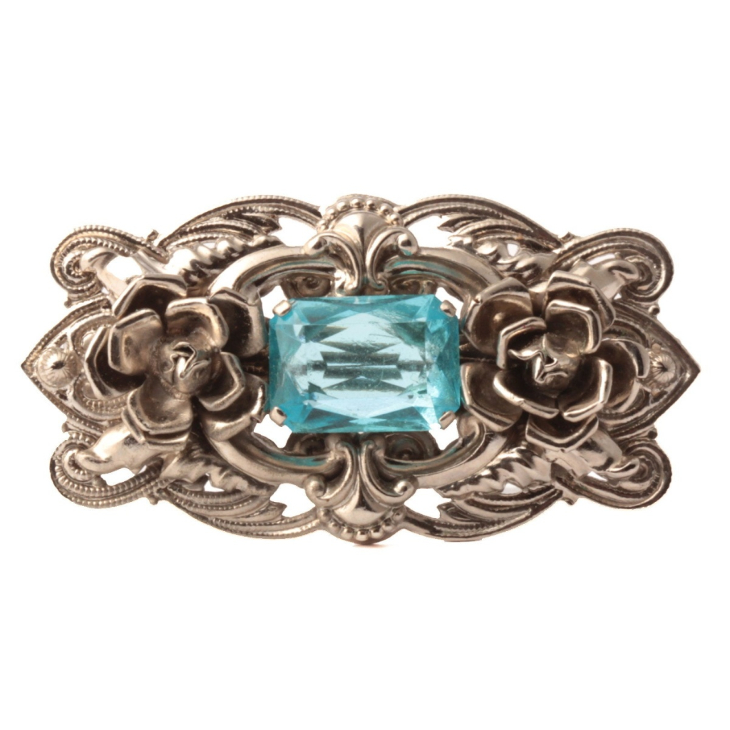 Vintage Art Deco Czech aqua blue glass rhinestone floral filigree silver pin brooch