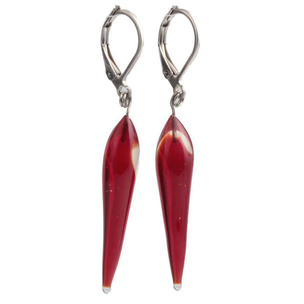 Pair Czech lampwork glass red bicolor teardrop bead earrings