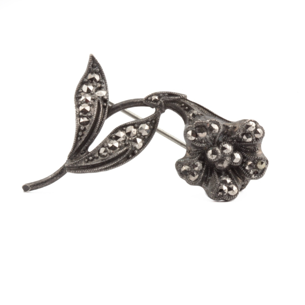 Vintage Czech silver marcasite glass rhinestone flower pin brooch